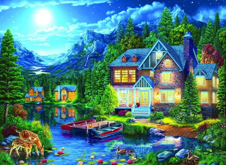 AB Diamond Painting  |  Warm Cottage in the Moonlight