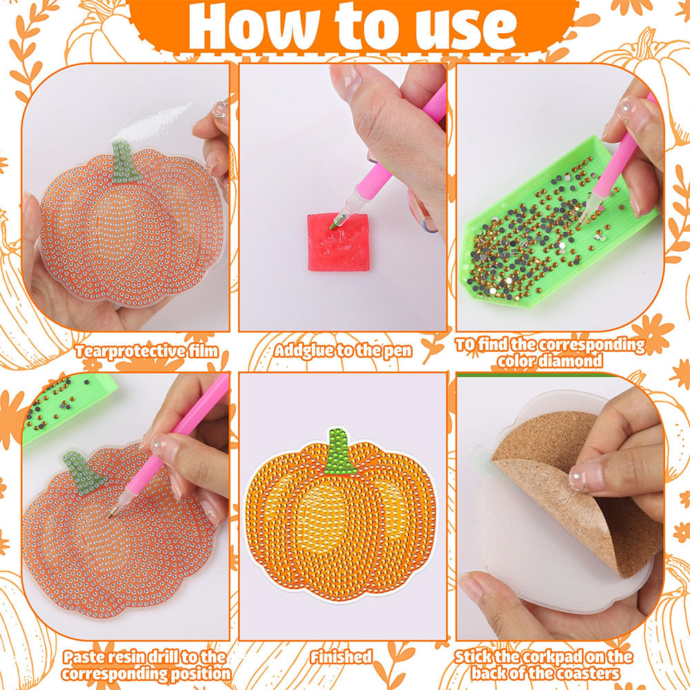 8 pcs set DIY Special Shaped Diamond Painting Coaster  |   Pumpkin（no holder）